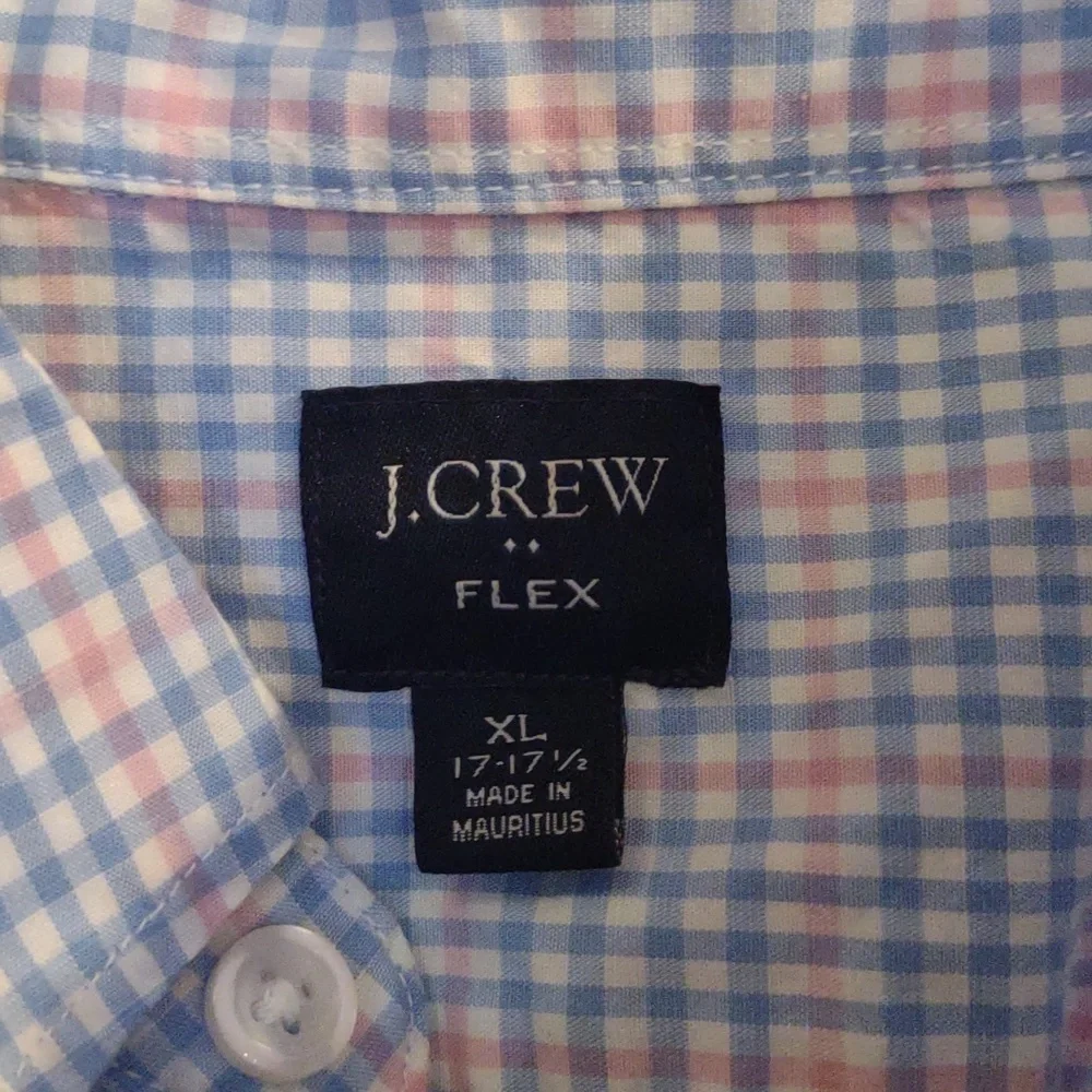 J.Crew Flex mens Xlarge 17-17.5 blue pink checked short sleeve button down shirt